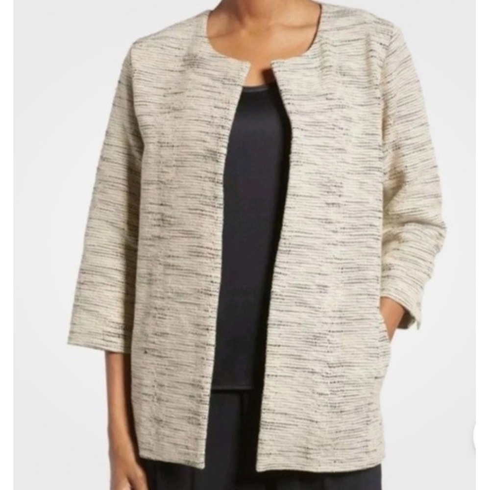 Eileen Fisher Natural Handloomed Cotton Furrows Round Neck Jacket Sz L